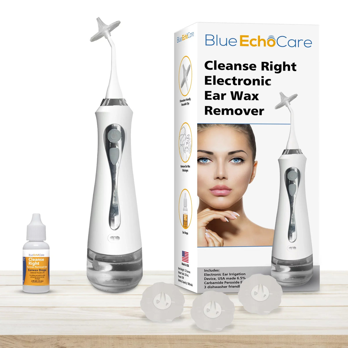 Cleanse Right - Electronic Ear Wax Remover- Includes USizeA MADE Ear Drops, 3 USizeA MADE REUSizeABLE, DISizeHWASizeHER FRIENDLY TIPSize, ear cleaner system, device, ear wax removal tool kit
