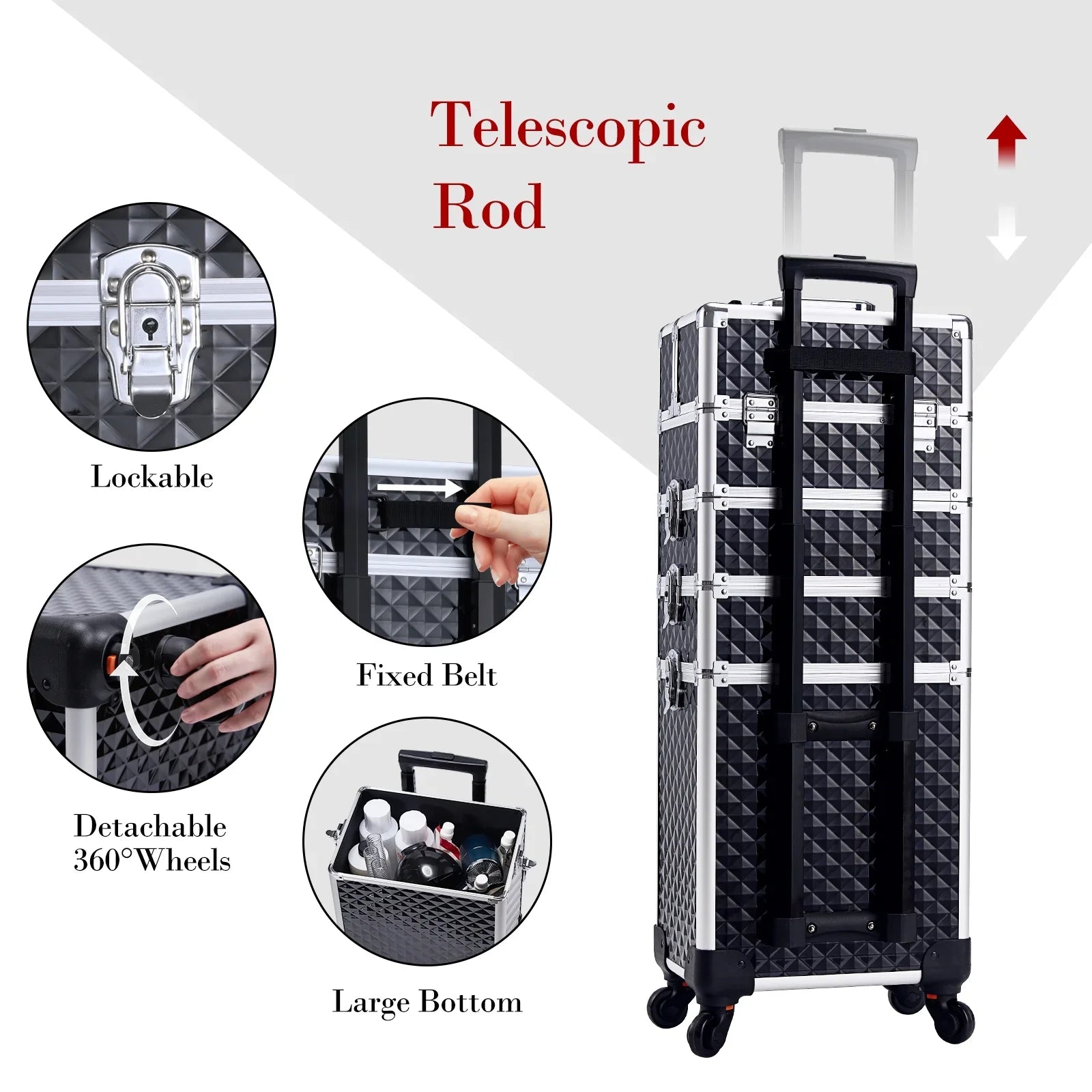 Joligrace 4 in 1 Aluminum Rolling Makeup Case with Wheels Cosmetic Train Case Trolley Box Sizealon Barber Case