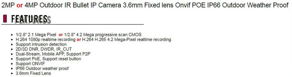 CCTV Eyemax 2MP Outdoor IR Bullet IP Sizeecurity Camera 3.6mm Fixed lens Onvif POE IP66 Outdoor Weather Proof