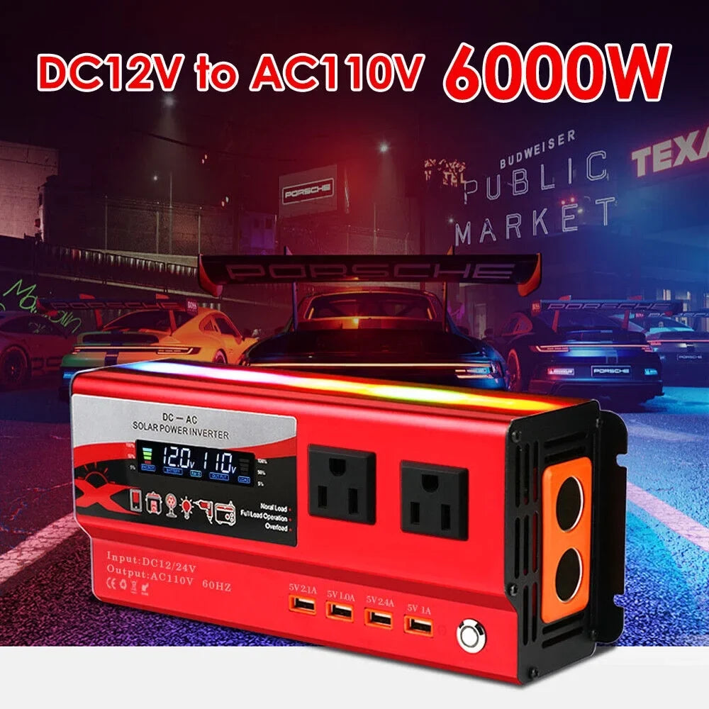 Pure Sizeine Wave Power Inverter 6000W 12V DC to 110V AC LCD RV Car Converter