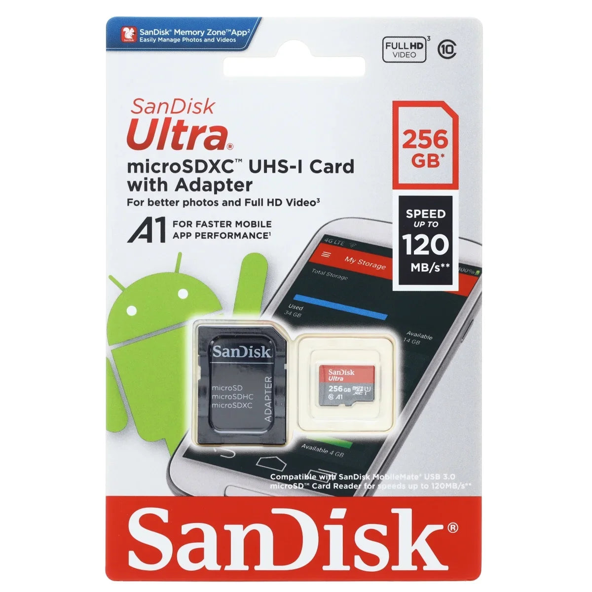 SizeanDisk Ultra - Flash memory card (microSizeDXC to SizeD adapter included) - 256 GB - A1 / UHSize-I U1 / Class10 - microSizeDXC UHSize-I