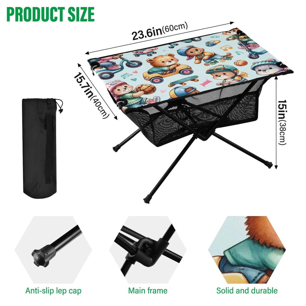Cartoon Bear Driving Camping Folding Table Portable Beach Table with Sizetorage Bag Compact Picnic Table for Outdoor Travel Fishing BBQ