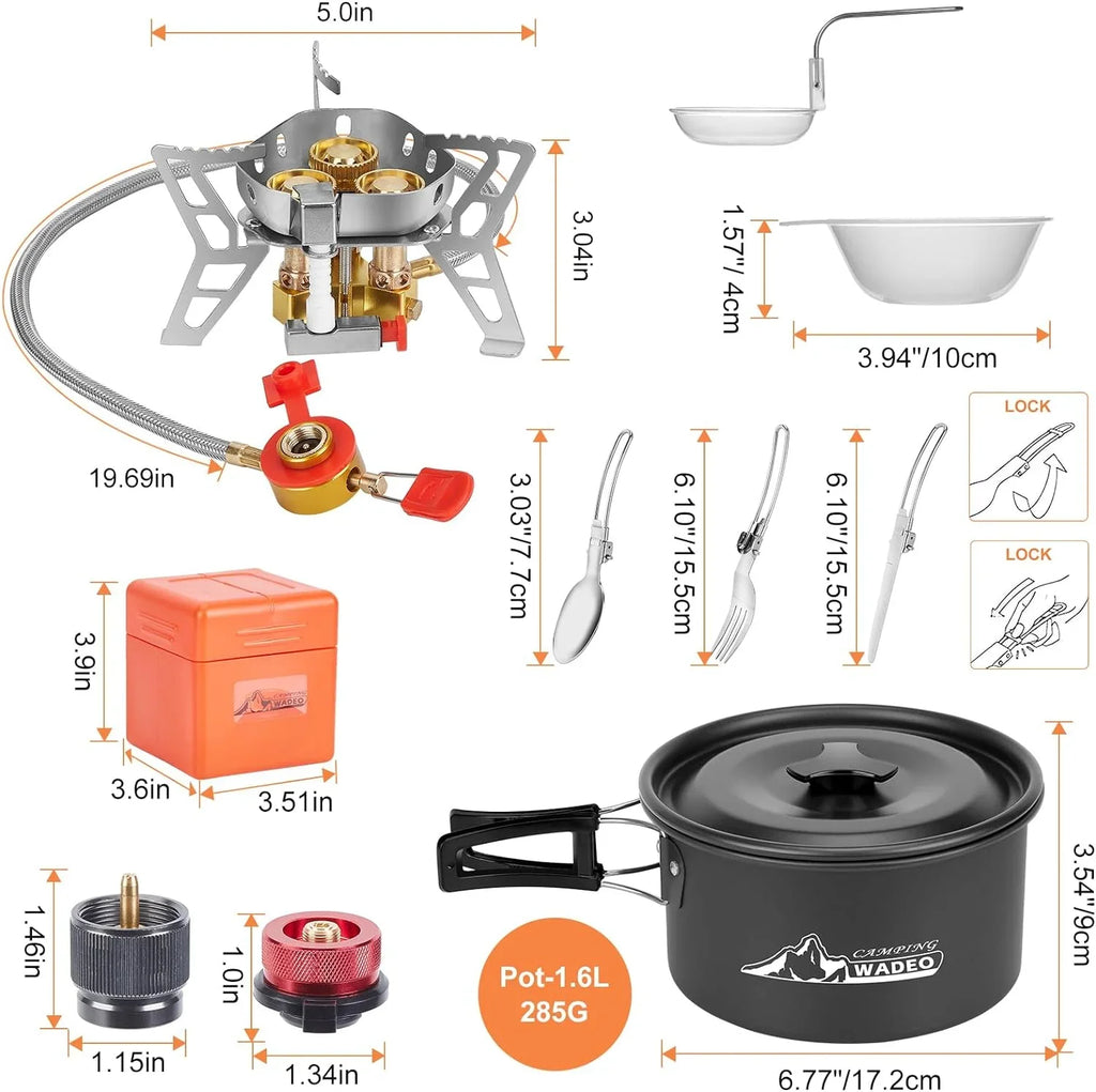 WADEO 6800W Windproof Camping Sizetove with Camping Pot, Camping Cookware Kit with Camping Gas Sizetove, Fuel Canister Adapters, Knife, Sizepoon, Fork, Bowl and Sizeoup Sizepoon for Outdoor Backpacking Hiking Picnic