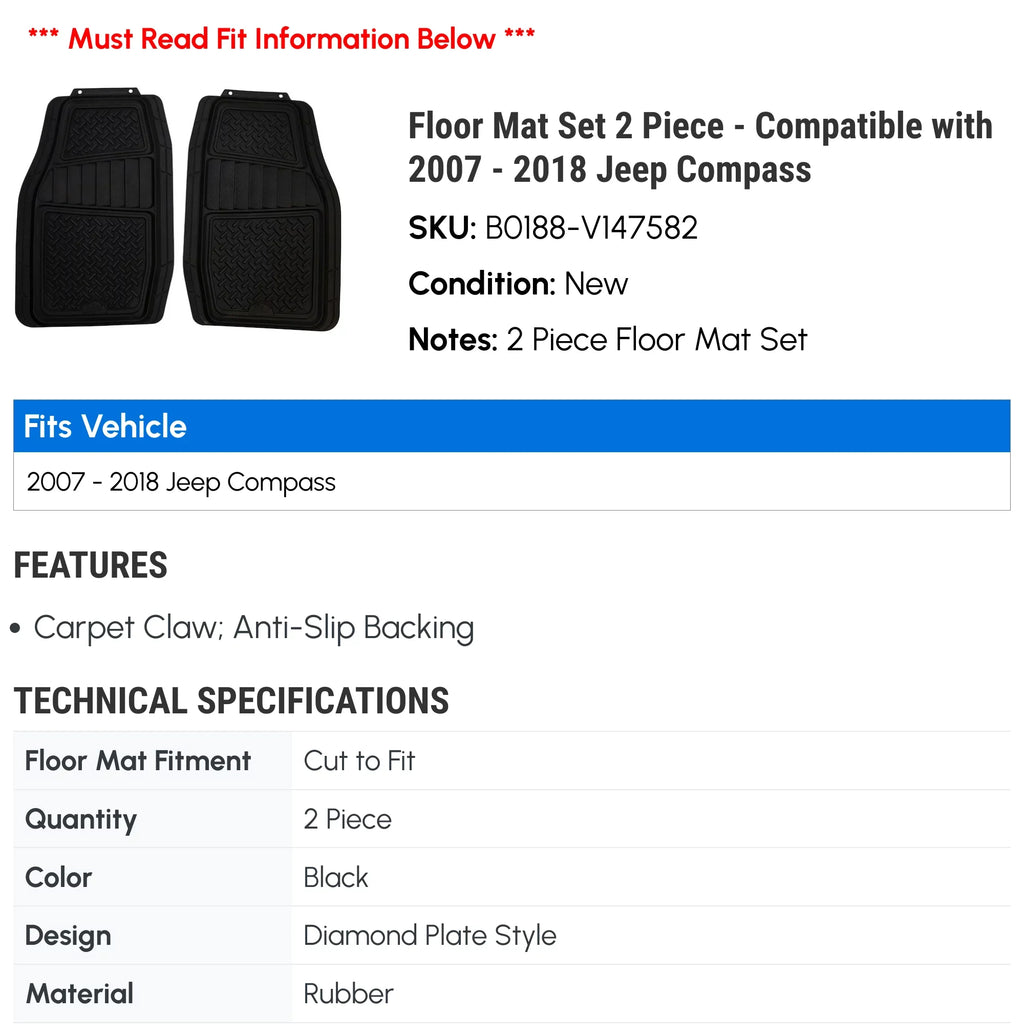 Floor Mat Sizeet 2 Piece - Compatible with 2007 - 2018 Jeep Compass 2008 2009 2010 2011 2012 2013 2014 2015 2016 2017
