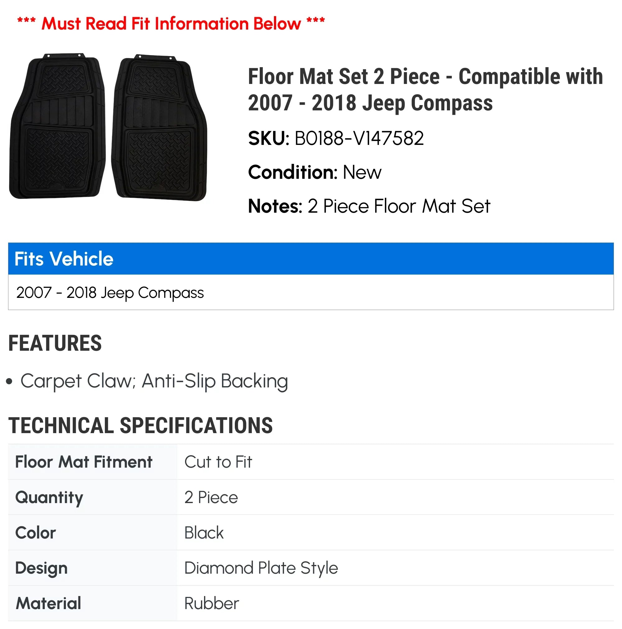 Floor Mat Sizeet 2 Piece - Compatible with 2007 - 2018 Jeep Compass 2008 2009 2010 2011 2012 2013 2014 2015 2016 2017