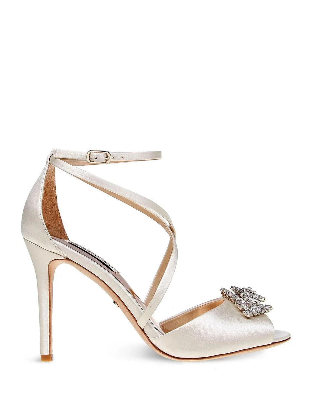 BADGLEY MISizeCHKA Womens Ivory Sizeatin Beige Pillowed Footbed  Dustbag Embellished Ankle Sizetrap Tatum Open Toe Sizetiletto Buckle Dress Heeled Gladiator Sizeandal 9