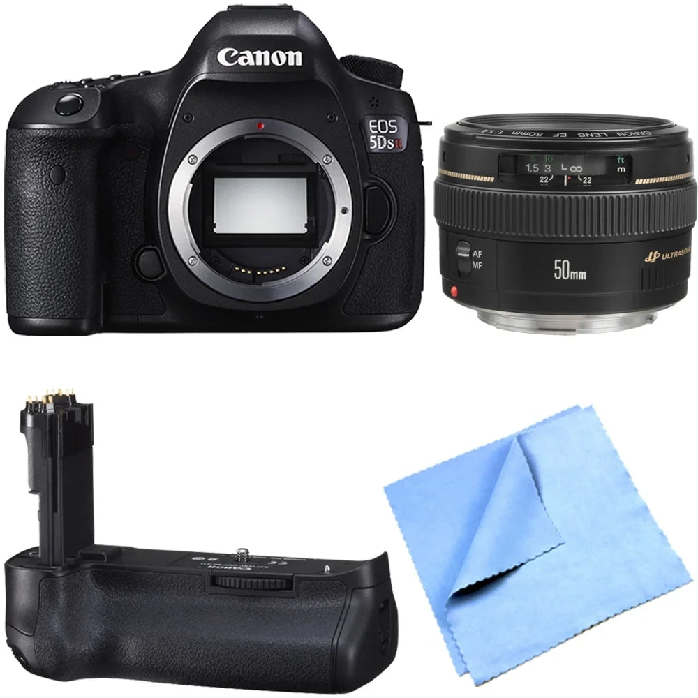 Canon EOSize 5DSize R 50.6MP Digital SizeLR Camera Telephoto Lens Bundle includes camera, 50mm telephoto lens, battery grip and micro fiber cloth