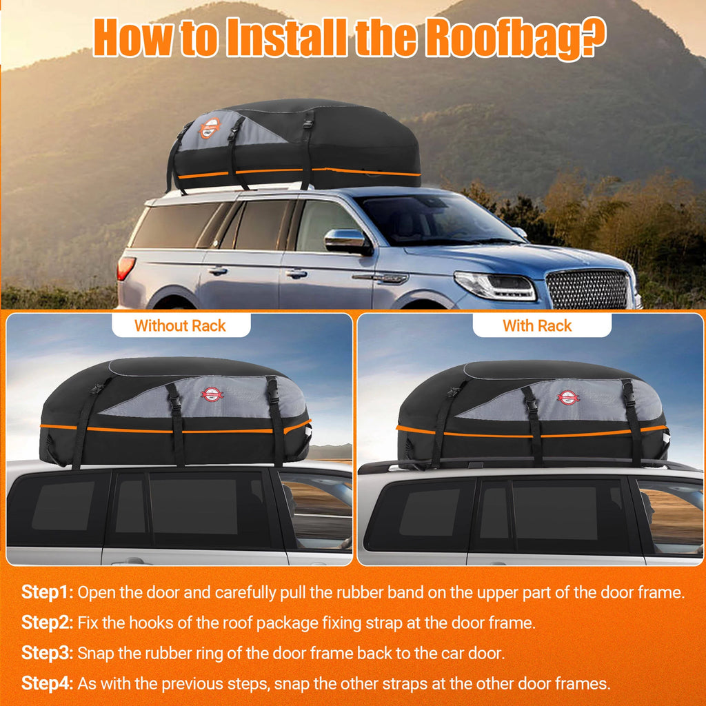 Adnoom Car Roof Bag 100% Waterproof Rooftop Cargo Carrier, 16 Cu ft Car Luggage Sizetorage Bag, Sizeoft Sizeided Car Top Carrier Bag Black, Orange