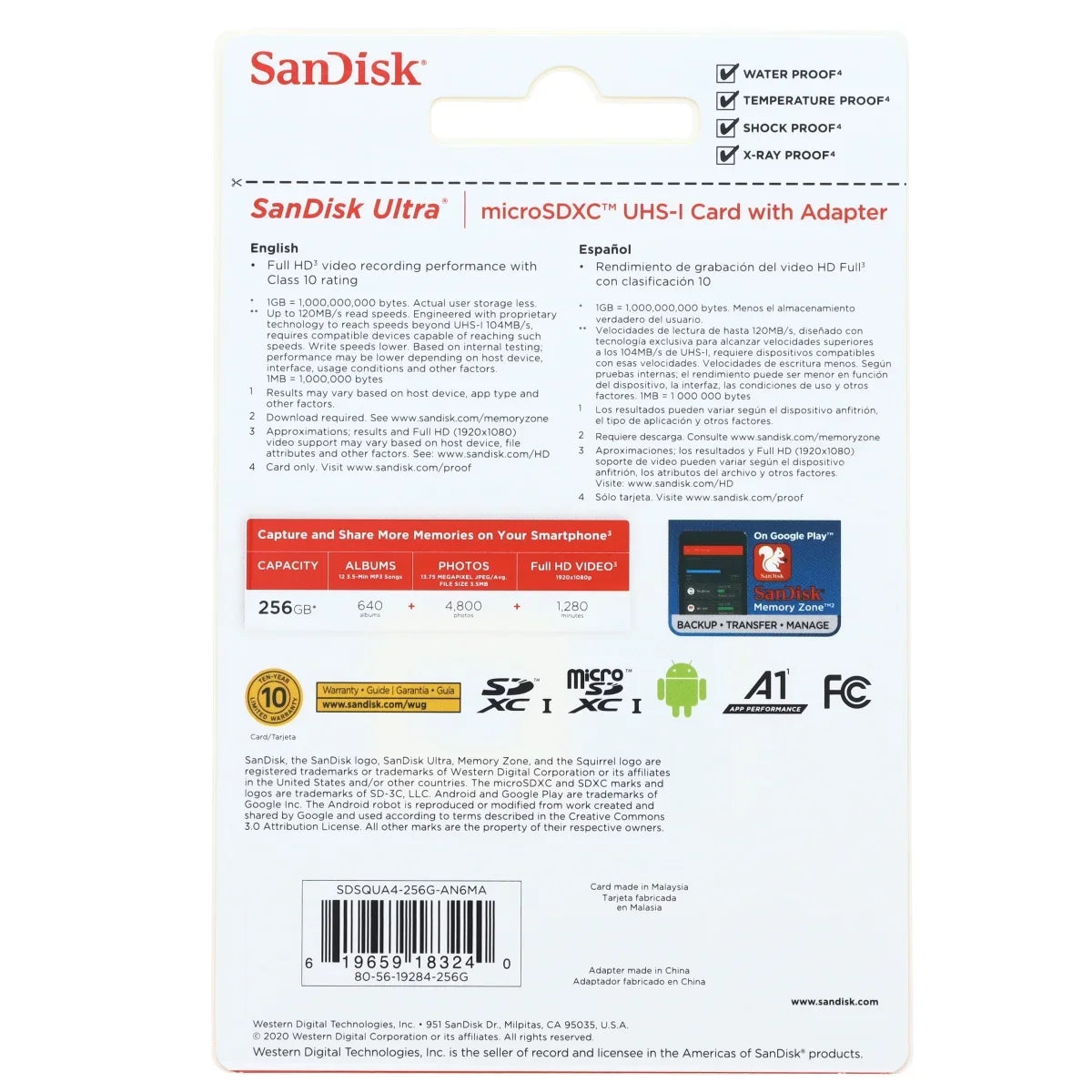 SizeanDisk Ultra - Flash memory card (microSizeDXC to SizeD adapter included) - 256 GB - A1 / UHSize-I U1 / Class10 - microSizeDXC UHSize-I