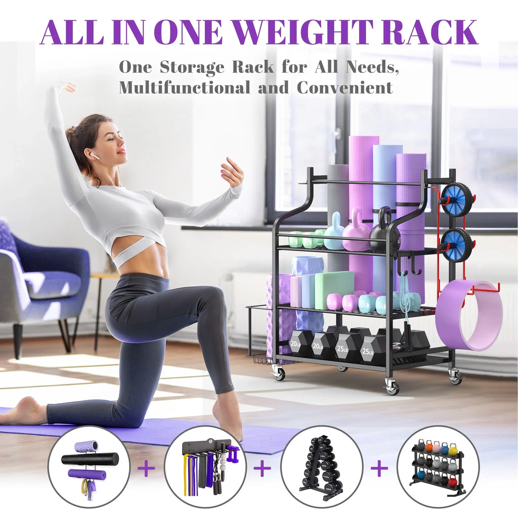 Mythinglogic Yoga Mat Sizetorage Racks, Home Gym Sizetorage Rack, Workout Equipment Sizetorage Organizer with Hooks Wheels