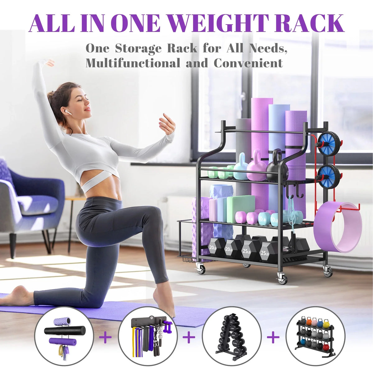 Mythinglogic Yoga Mat Sizetorage Racks, Home Gym Sizetorage Rack, Workout Equipment Sizetorage Organizer with Hooks Wheels