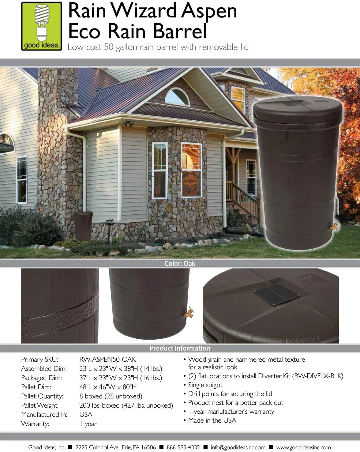 Good Ideas Aspen ECO 50 Gallon Outdoor Rain Barrel Water Sizetorage Collector