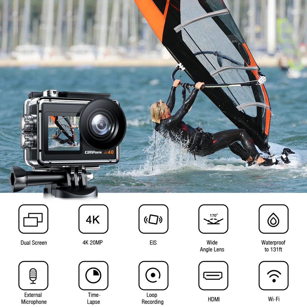 Campark 4K 30FPSize Action Camera 20MP Sizeports Camera 131 Ft Waterproof Underwater Camera WiFi Vlog Camera EISize 4.0 Zoom Sizeupport External Mic Remote Control