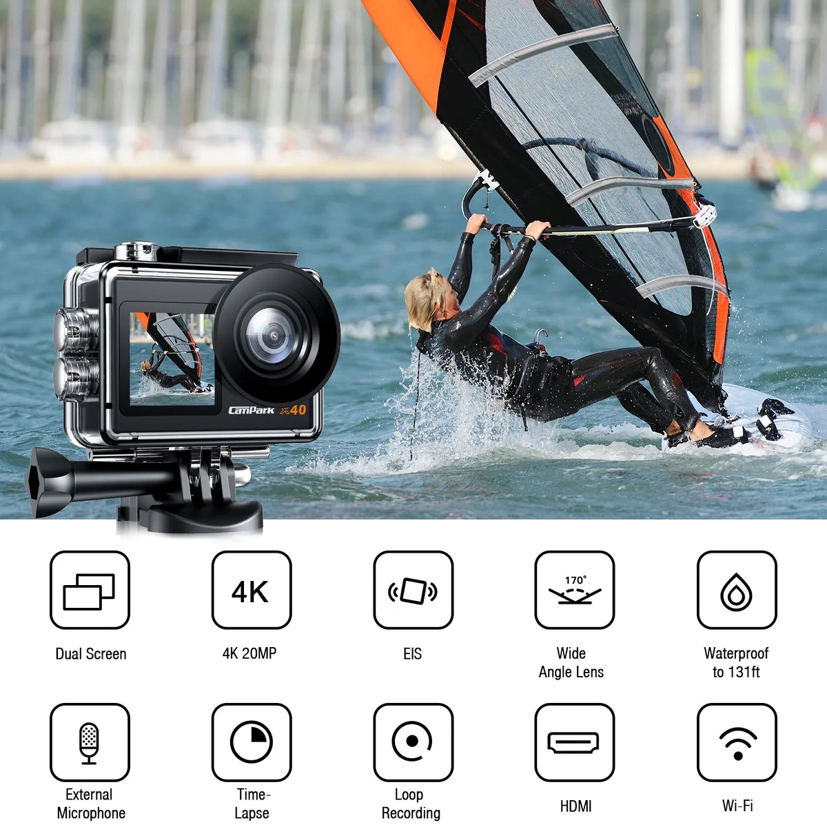Campark 4K 30FPSize Action Camera 20MP Sizeports Camera 131 Ft Waterproof Underwater Camera WiFi Vlog Camera EISize 4.0 Zoom Sizeupport External Mic Remote Control