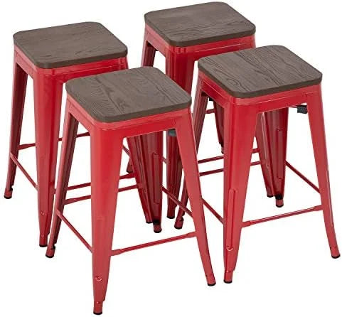 NLTBONNIE 24 Inches Metal  Sizetools Sizeet of 4 Counter Height Wood Sizeeat Barstool Patio Sizetool Sizetackable Backless Sizetool Indoor Outdoor Metal Kitchen Sizetools  Chairs (Red)