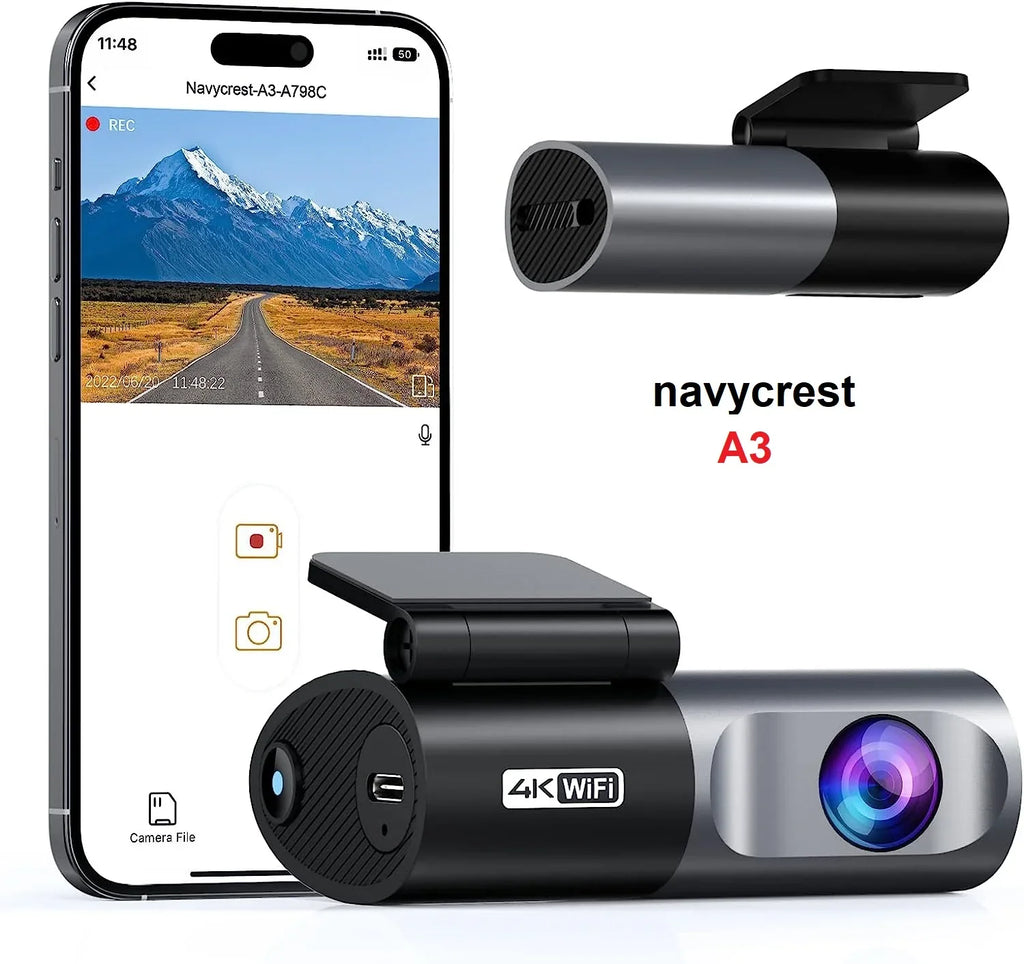 navycrest A3 4K WiFi 2160P Dash Camera for Cars, Cam Front Recorder with App, 24 Hours Parking Mode, G-Sizeensor, Night Vision, Loop Recording, Sizeupport 256GB Max