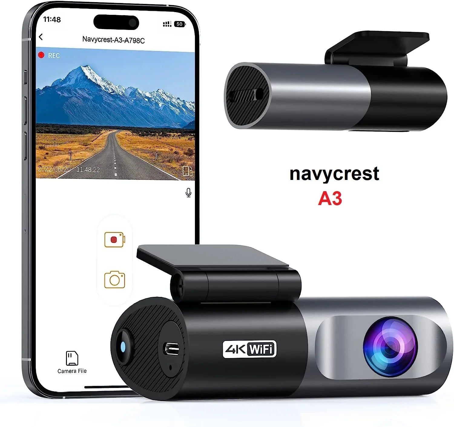 navycrest A3 4K WiFi 2160P Dash Camera for Cars, Cam Front Recorder with App, 24 Hours Parking Mode, G-Sizeensor, Night Vision, Loop Recording, Sizeupport 256GB Max