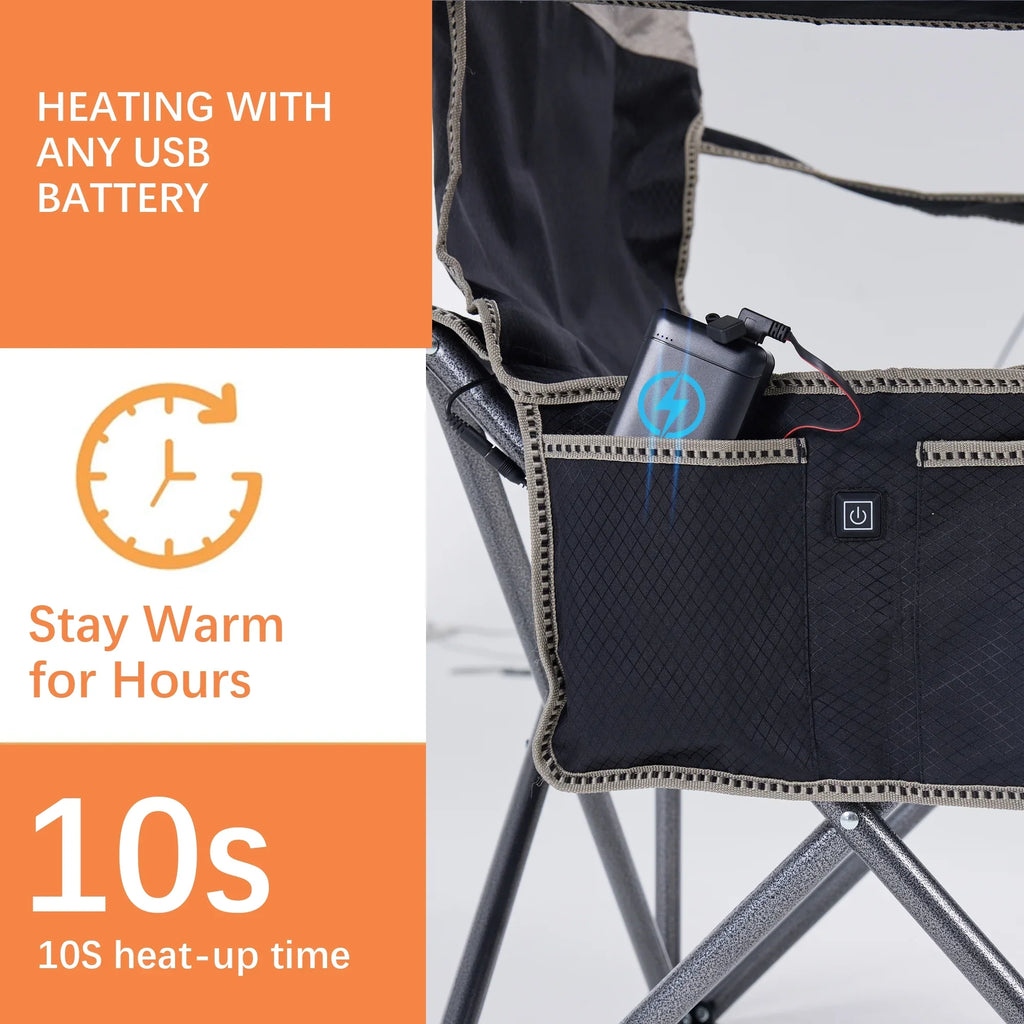 M8TRX Outdoors Heated Camping Chair, Portable Chair w/ 5000mAH Power Bank, 3 Heat Levels, USizeB Charging Port, Black