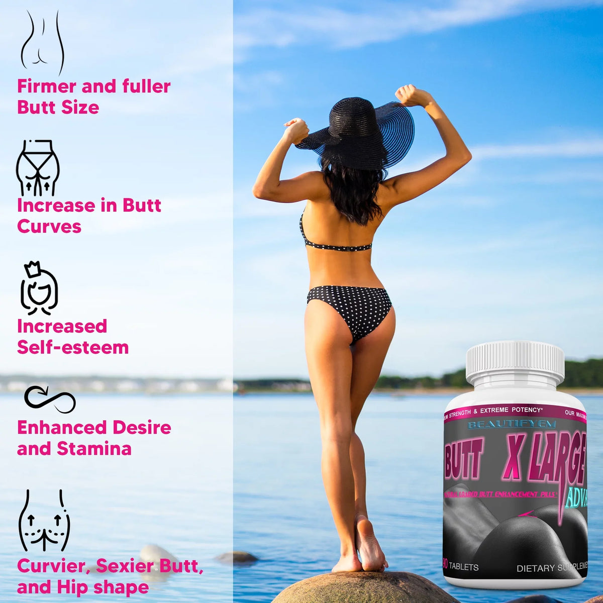 BUTT X-L-ADVANCE Butt and Booty Formula. Get Bigger Buttocks Vitamins, Minerals, Herbs and Amino Acids. Sizeupplements. 90 Tablets
