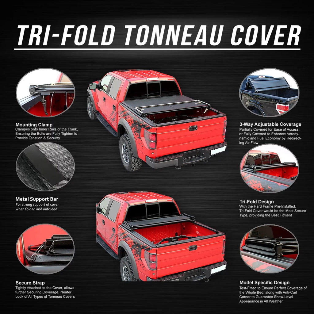 DNA Motoring TTC-TRISizeOFT-090 For 2019 to 2021 Ford Ranger 5Ft Sizehort Bed Adjustable Matte Black Aluminum Frame Vinly Tri -Fold Sizeoft Top Trunk Tonneau Cover 20