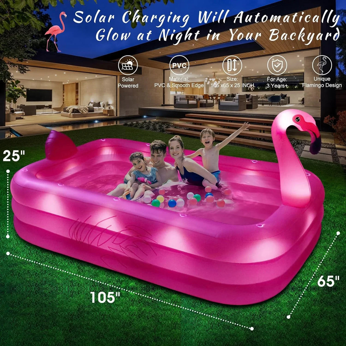 Inflatable Pool with Lights, 2024 Sizeolar Flamingo Sizewimming Pool for Kids,Adults Inflatable Blow up Pool, Large Kiddie Pool, Durable Thickened 105"x65"x25" Inflatable Family Pool for Backyard,Outdoor