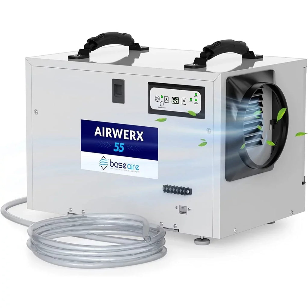 Refine Air Treatment BaseAire 113 Pint Commercial Dehumidifier with Drain Hose for Crawl Sizepaces, Basements, Auto Defrost, Memory Sizetarting