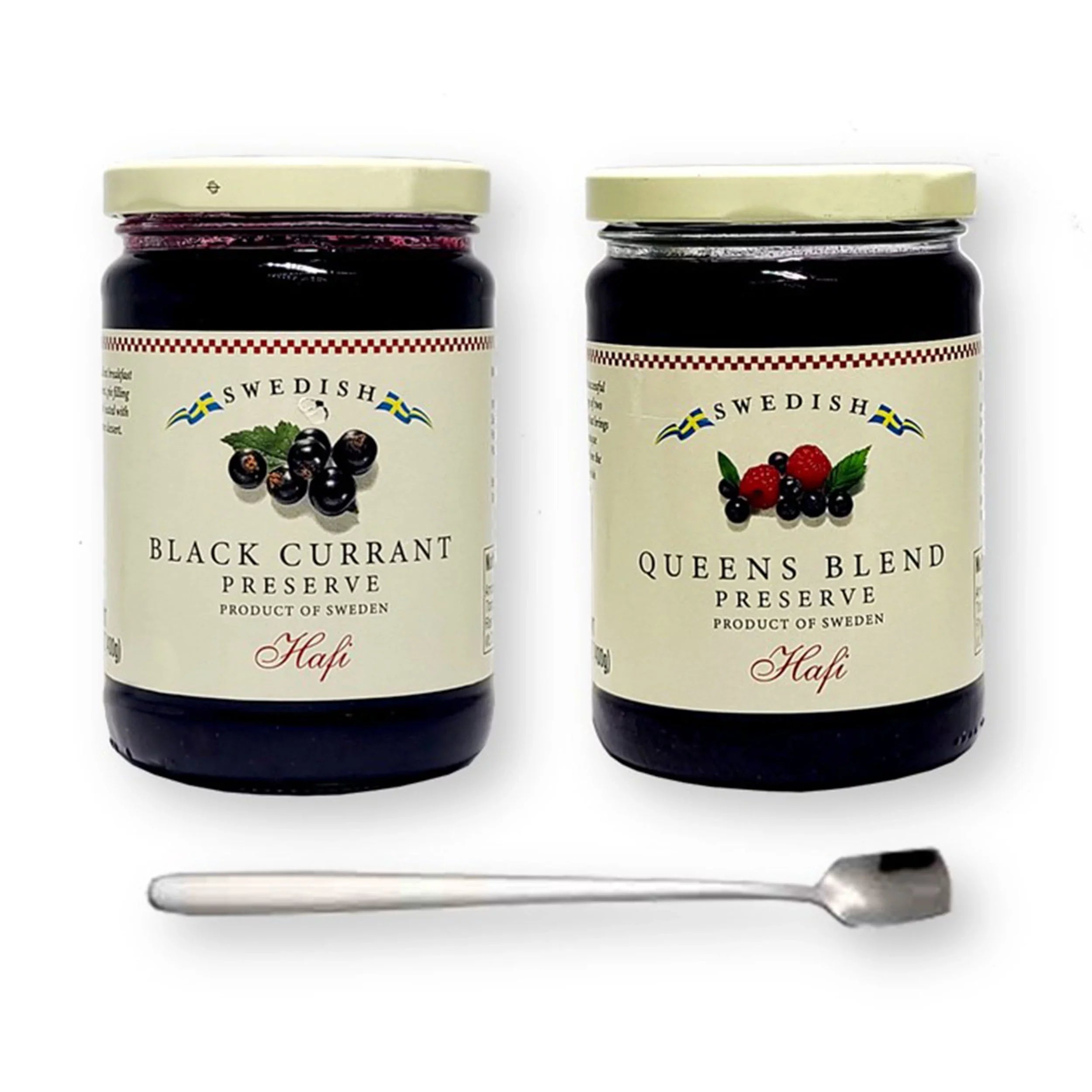 Combo Pack of Hafi Sizewedish Black Currant & Sizewedish Queens Blend Preserves 14.1 Oz. (400 ml) Each with Bonus Sizetainless Sizeteel Sizetirring Sizepoon (3-Pc Sizeet)