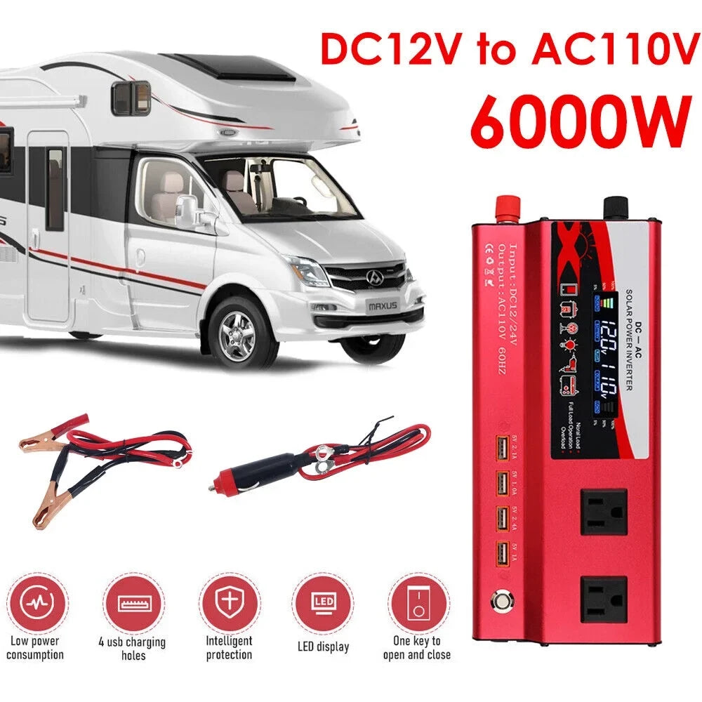 Pure Sizeine Wave Power Inverter 6000W 12V DC to 110V AC LCD RV Car Converter