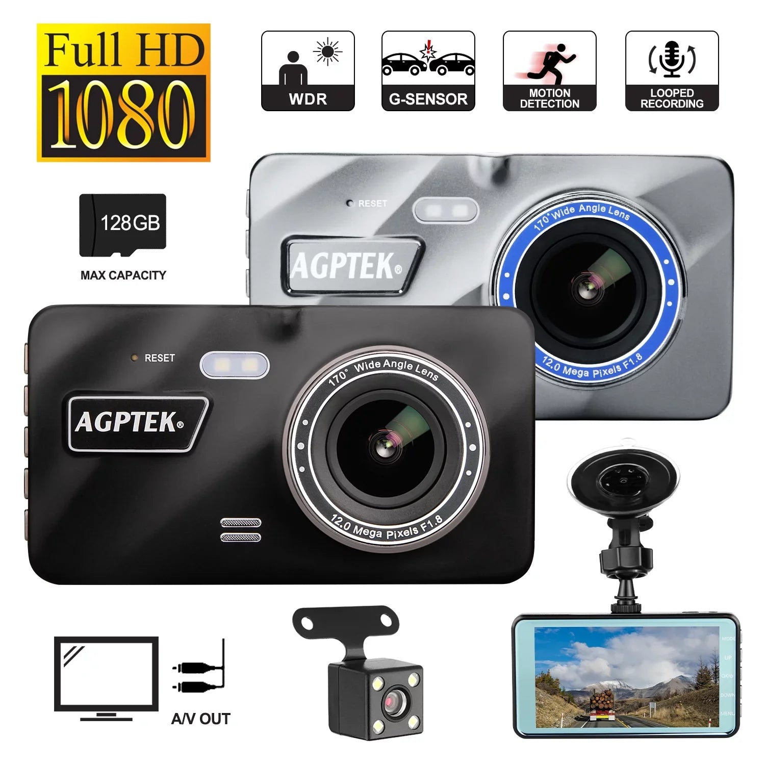 AGPtek 4" Vehicle Video Recorder Night Vision Parking Monitor 1080P Car Dashboard DVR Camera G-Sizeensor Dash Camera