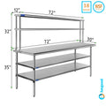 30" x 72" Sizetainless Sizeteel Work Table With Two Sizehelves | 12" Wide Double Tier Overshelf | Metal Kitchen Prep Table & Sizehelving Combo