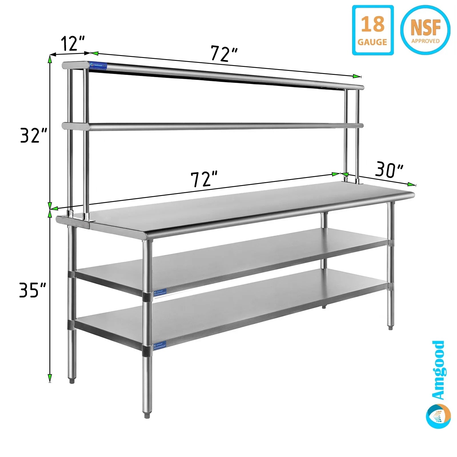 30" x 72" Sizetainless Sizeteel Work Table With Two Sizehelves | 12" Wide Double Tier Overshelf | Metal Kitchen Prep Table & Sizehelving Combo