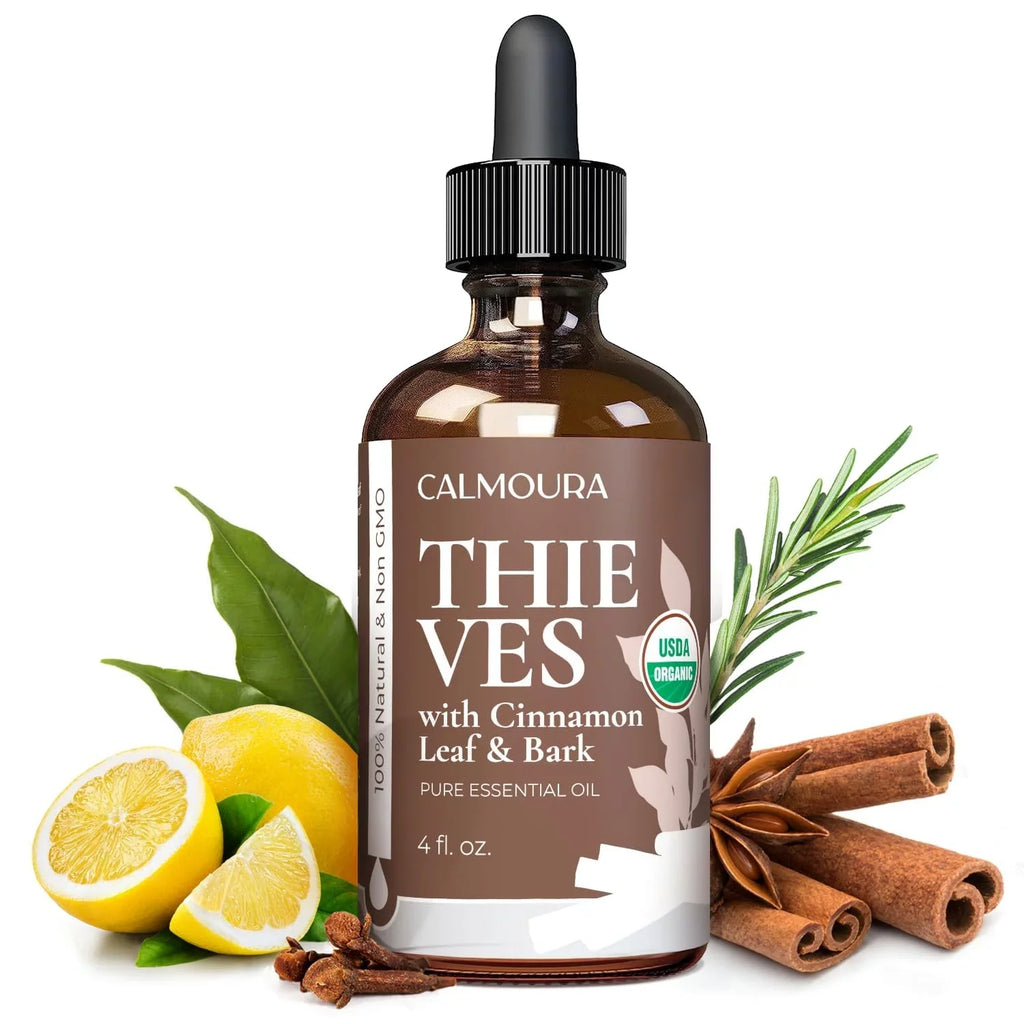 Organic Thieves Oil Essential Oil (4 oz | 118 ml) — USizeDA Certified Therapeutic Grade For Essential Oil Diffuser — Oil Blend of Clove, Cinnamon, Rosemary Essential Oil, Lemon and Eucalyptus