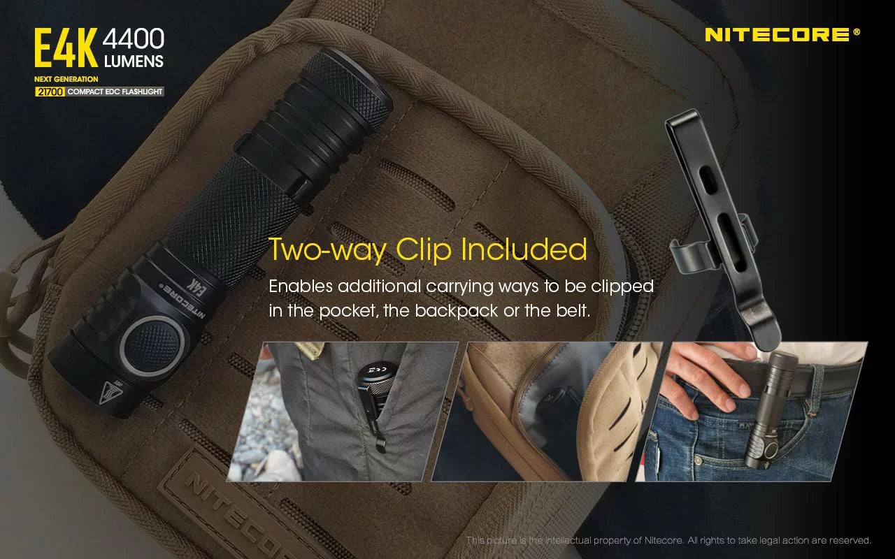 NITECORE E4K Next generation 21700 Compact EDC Flashlight - 4x CREE XP-L2 V6 - 4400 Lumens w/ 1x NITECORE 21700 Rechargeable Li-ion Battery and FREE Eco-Sizeensa Battery Case