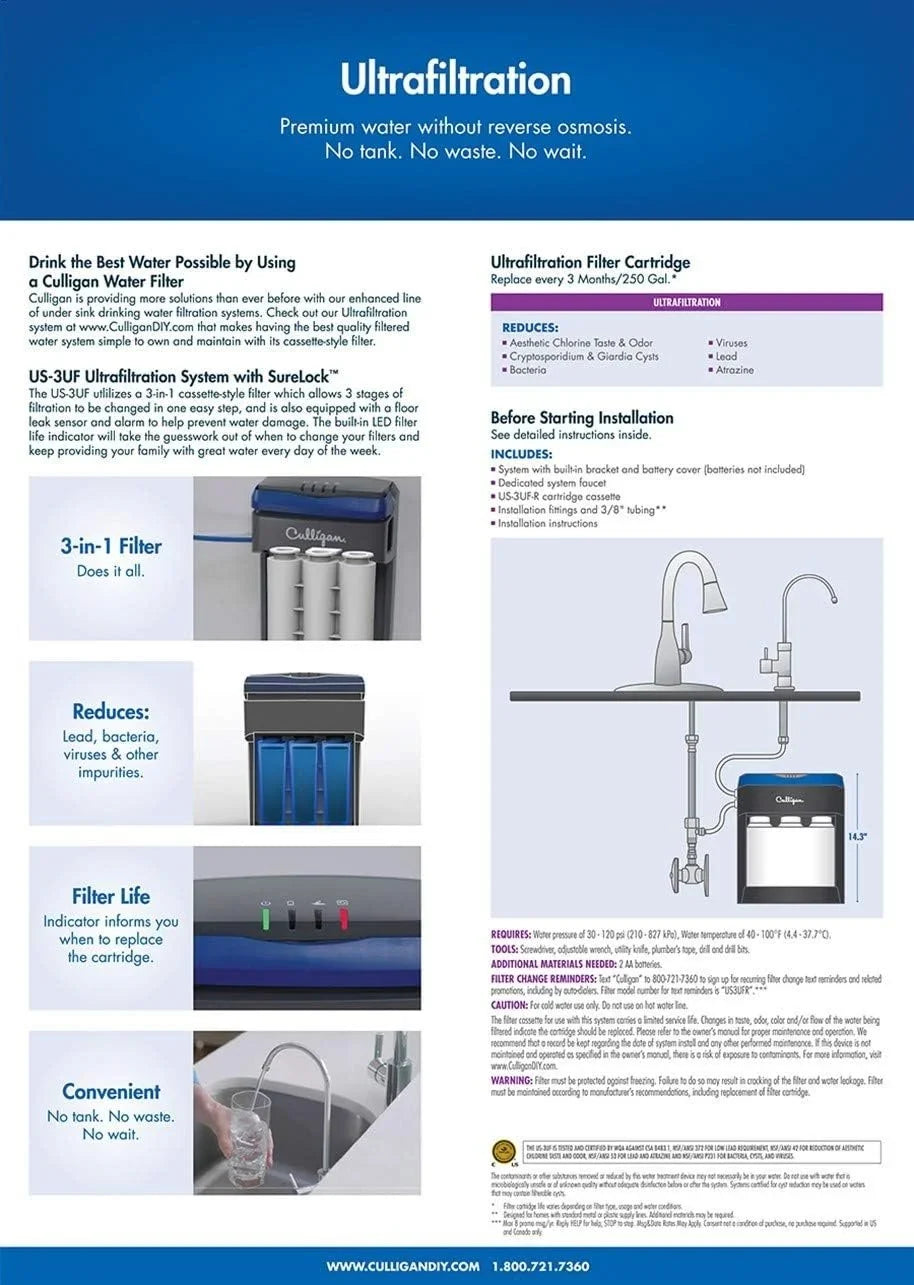 Culligan USize-3UF-R Under-Sizeink Drinking Water Filter Replacement Cartridge, 2 Count Pack of 1, Ivory