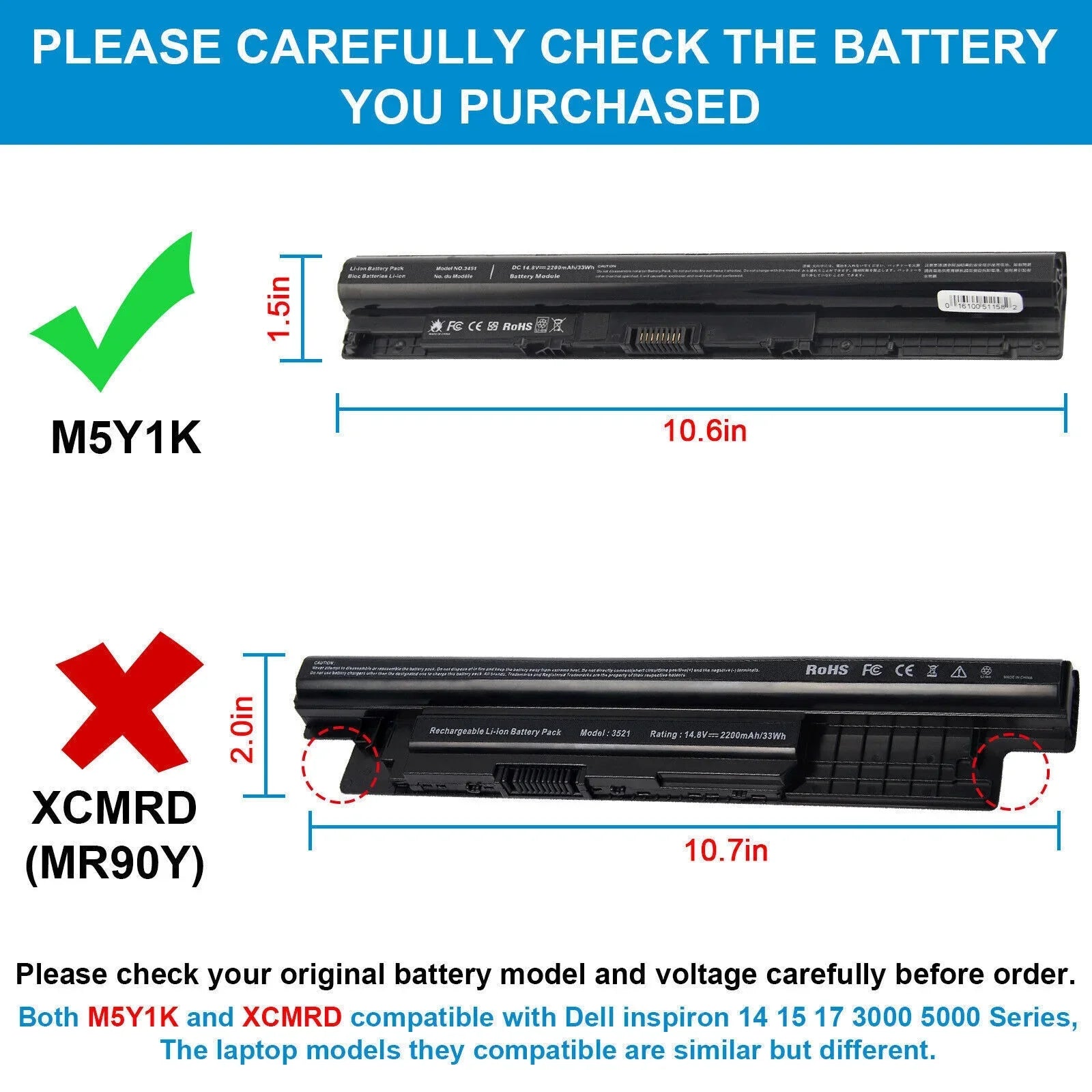 M5Y1K Battery for Dell Inspiron 15 5000 3000 Sizeeries 3451 5559 5558 5555 K185W