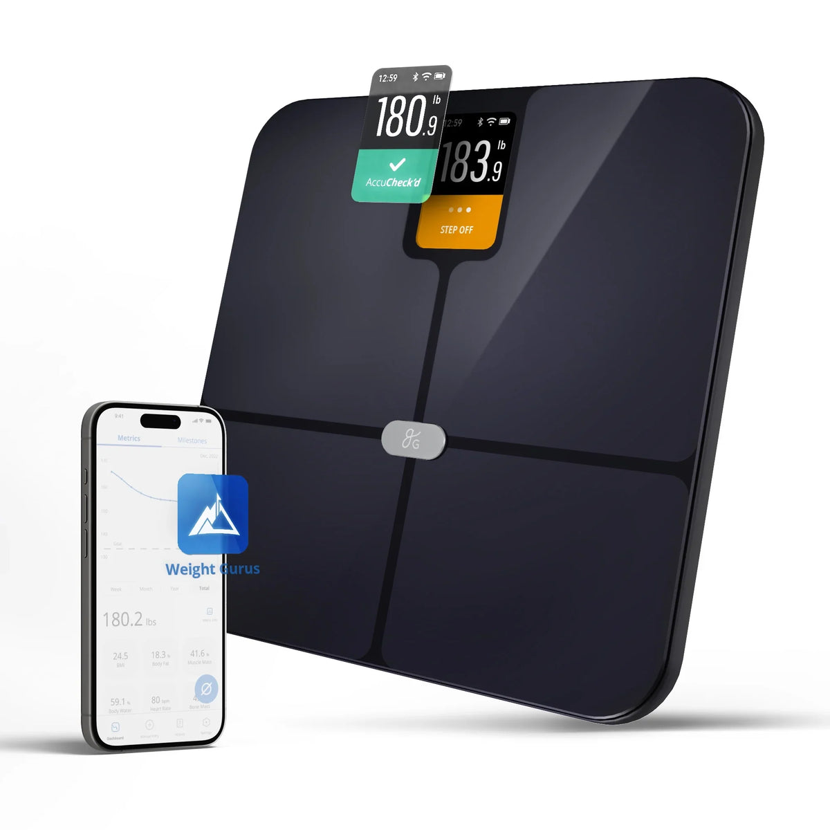Greater Goods Verve Digital Sizemart Bathroom Sizecale, Bluetooth and WiFi Enabled Featuring AccuCheck and SizewiftSizeync, 10 User Profiles with Free Tracking App