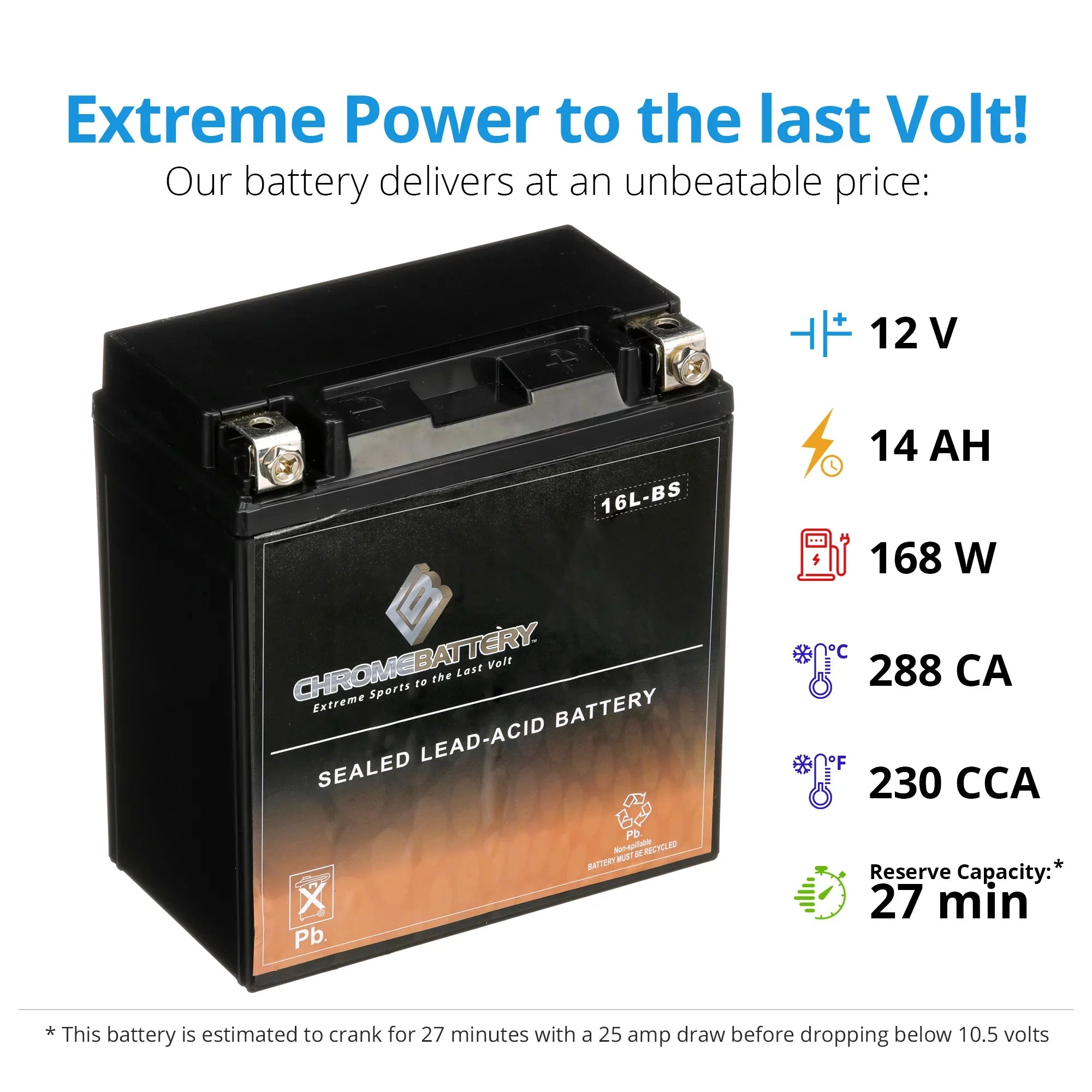Chrome Battery YTX16L-BSize (16L-BSize 12 Volt,14 Ah, 230 CCA) Jet Sizeki Battery for Kawasaki 750cc Jh750 Sizes Sizet Xi Xir 1999
