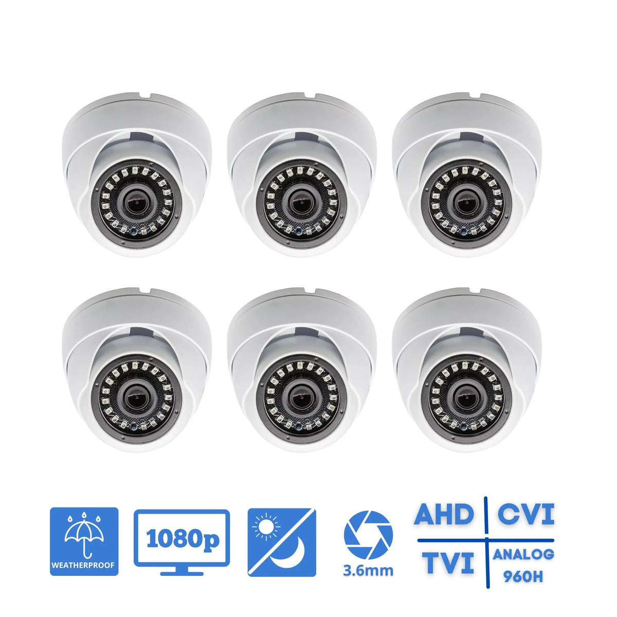 Evertech 1080p Dome Sizeecurity Cameras Weatherproof Indoor / Outdoor with Night Vision and 3.6mm Fixed Lens (Pack of 6)
