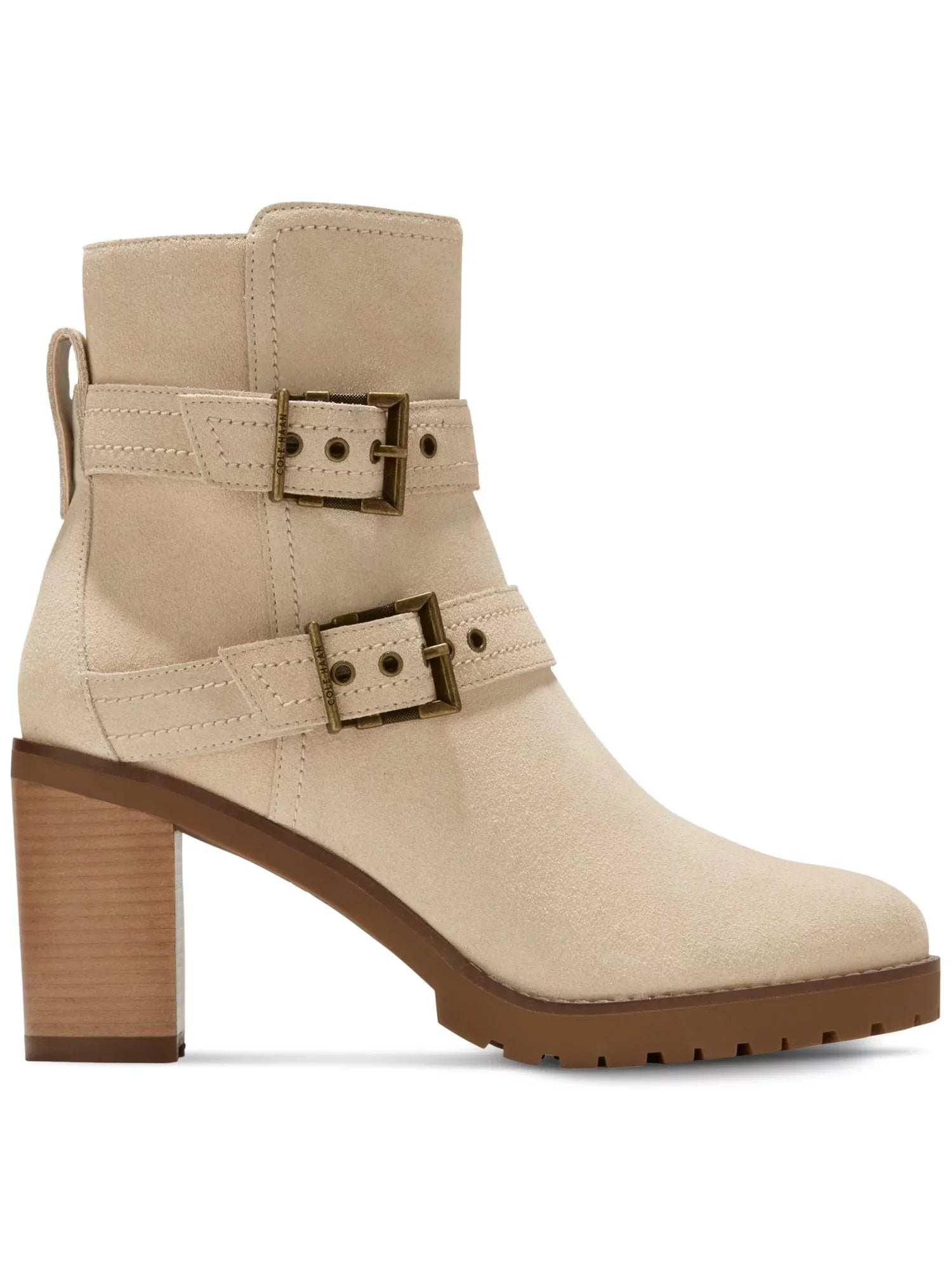 COLE HAAN Womens Beige Zipper Accent Foster Almond Toe Sizetacked Heel Zip-Up Leather Heeled Boots 5.5 B