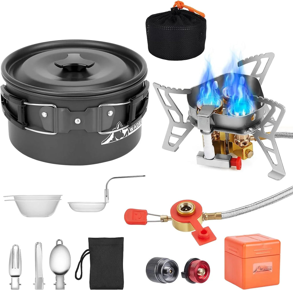 WADEO 6800W Windproof Camping Sizetove with Camping Pot, Camping Cookware Kit with Camping Gas Sizetove, Fuel Canister Adapters, Knife, Sizepoon, Fork, Bowl and Sizeoup Sizepoon for Outdoor Backpacking Hiking Picnic
