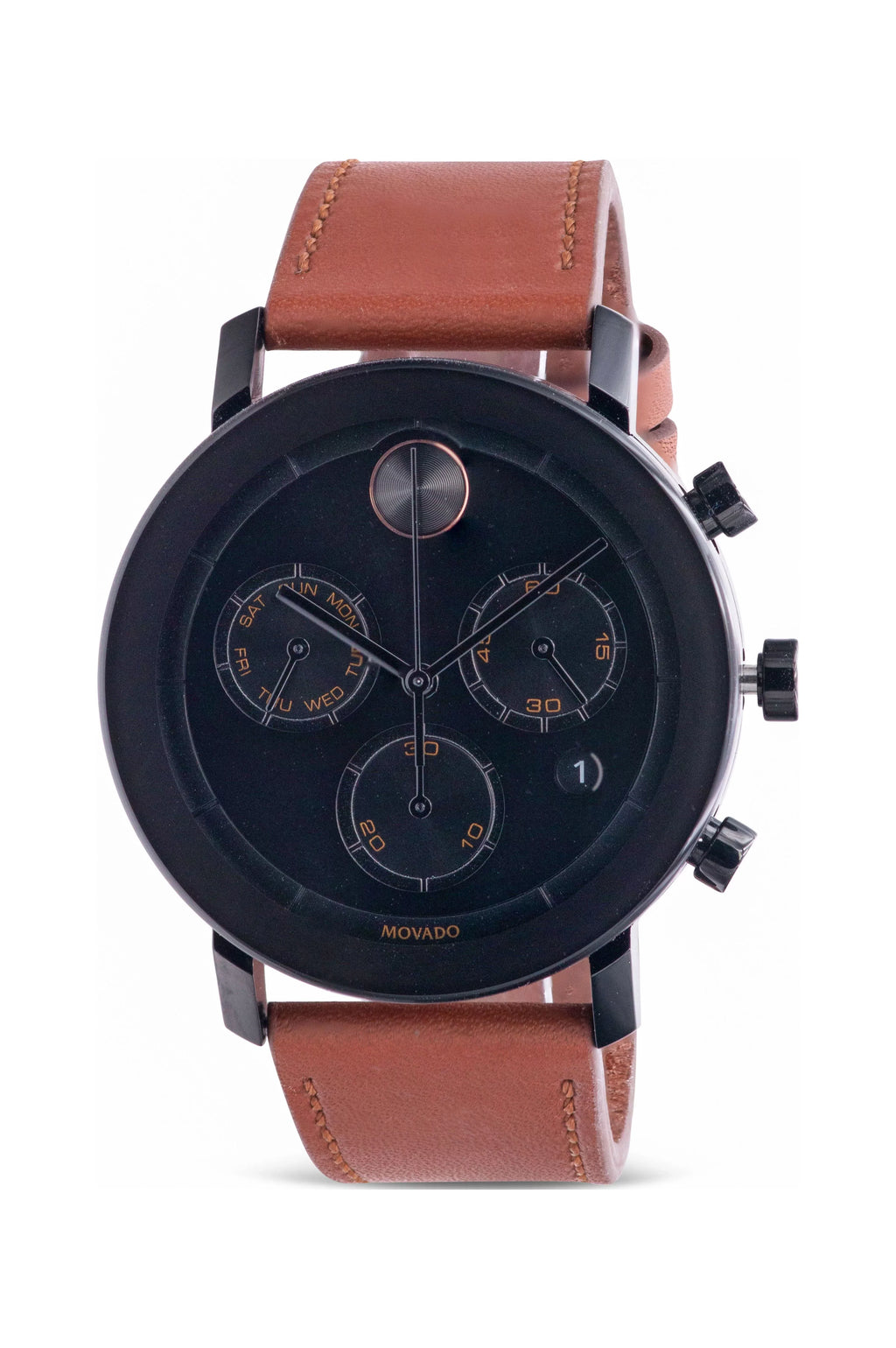 Movado Bold Evolution Black Ion Chronograph Cognac Brown Leather Mens Watch 3600758