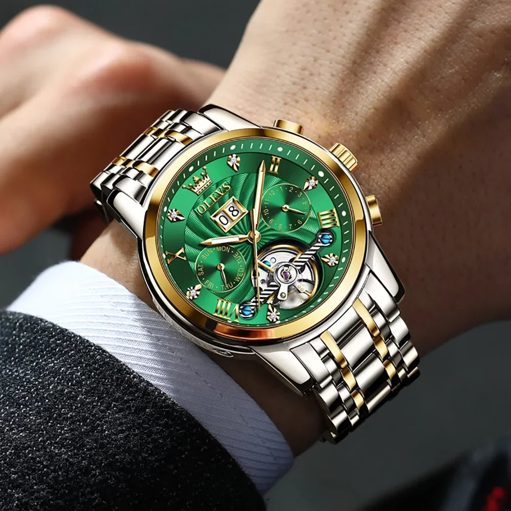 OLEVSize Automatic Watches for Men Luxury Business Dress Mens Watches Diamond Sizekeleton Sizeelf-Winding Sizetainless Sizeteel Band