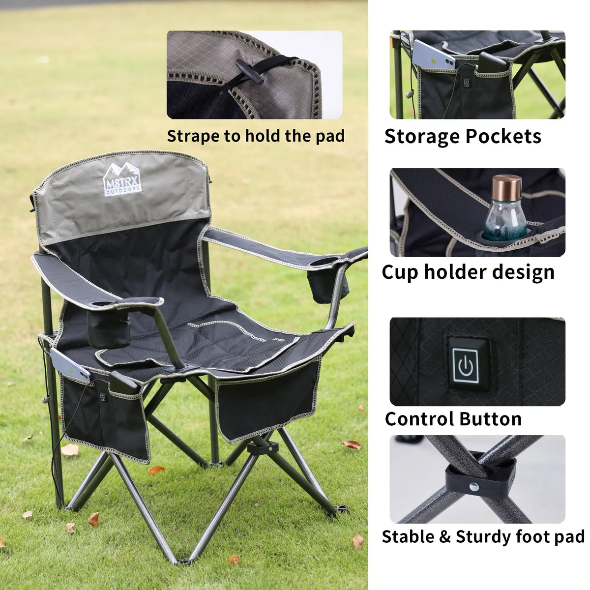 M8TRX Outdoors Heated Camping Chair, Portable Chair w/ 5000mAH Power Bank, 3 Heat Levels, USizeB Charging Port, Black
