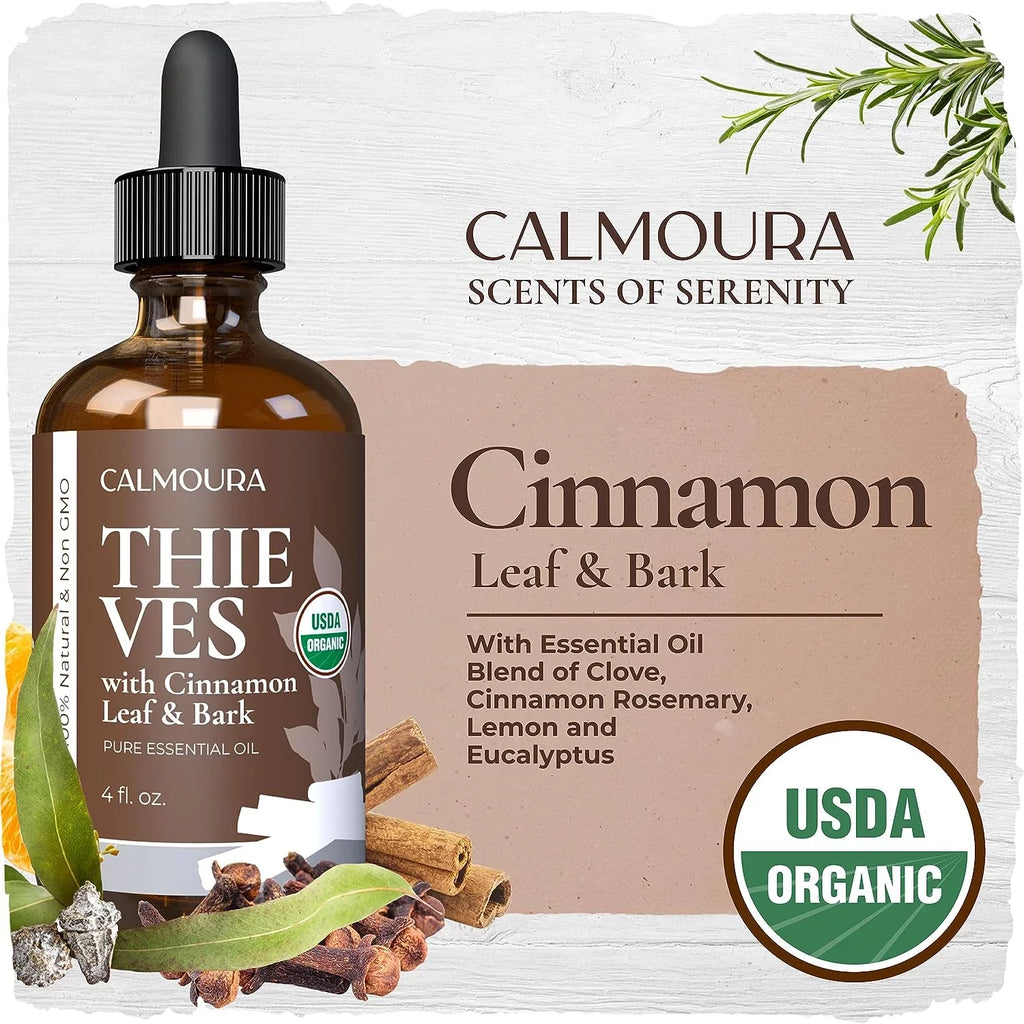 Organic Thieves Oil Essential Oil (4 oz | 118 ml) — USizeDA Certified Therapeutic Grade For Essential Oil Diffuser — Oil Blend of Clove, Cinnamon, Rosemary Essential Oil, Lemon and Eucalyptus