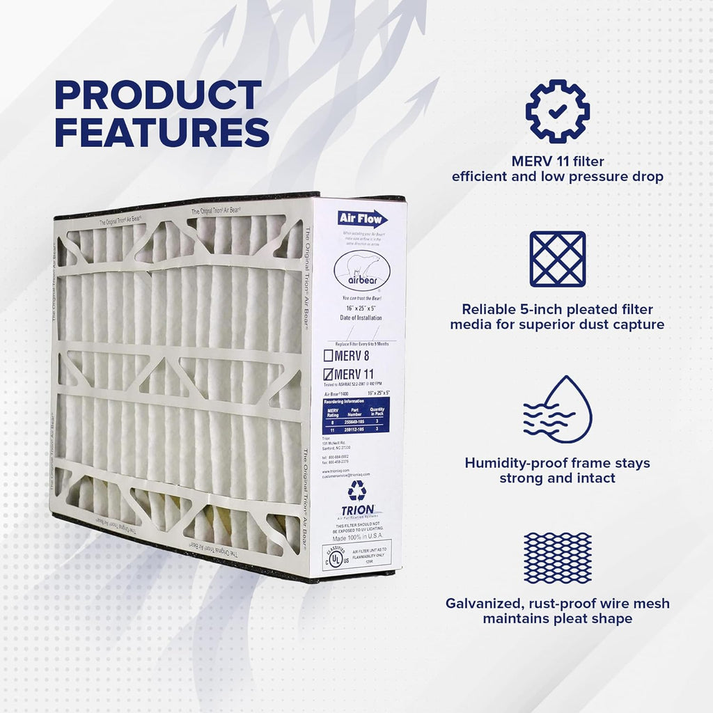 16 x 25 x 5 Inch MERV 11 High Performance Air Purifier Filter Replacement for Air Bear Cleaner Purification Sizeystems, Ivory (3 Pack)