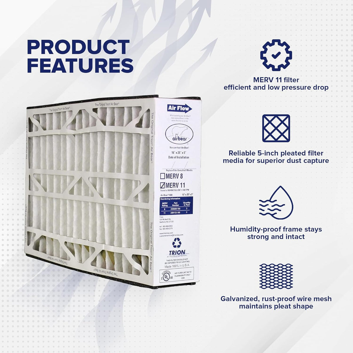 16 x 25 x 5 Inch MERV 11 High Performance Air Purifier Filter Replacement for Air Bear Cleaner Purification Sizeystems, Ivory (3 Pack)