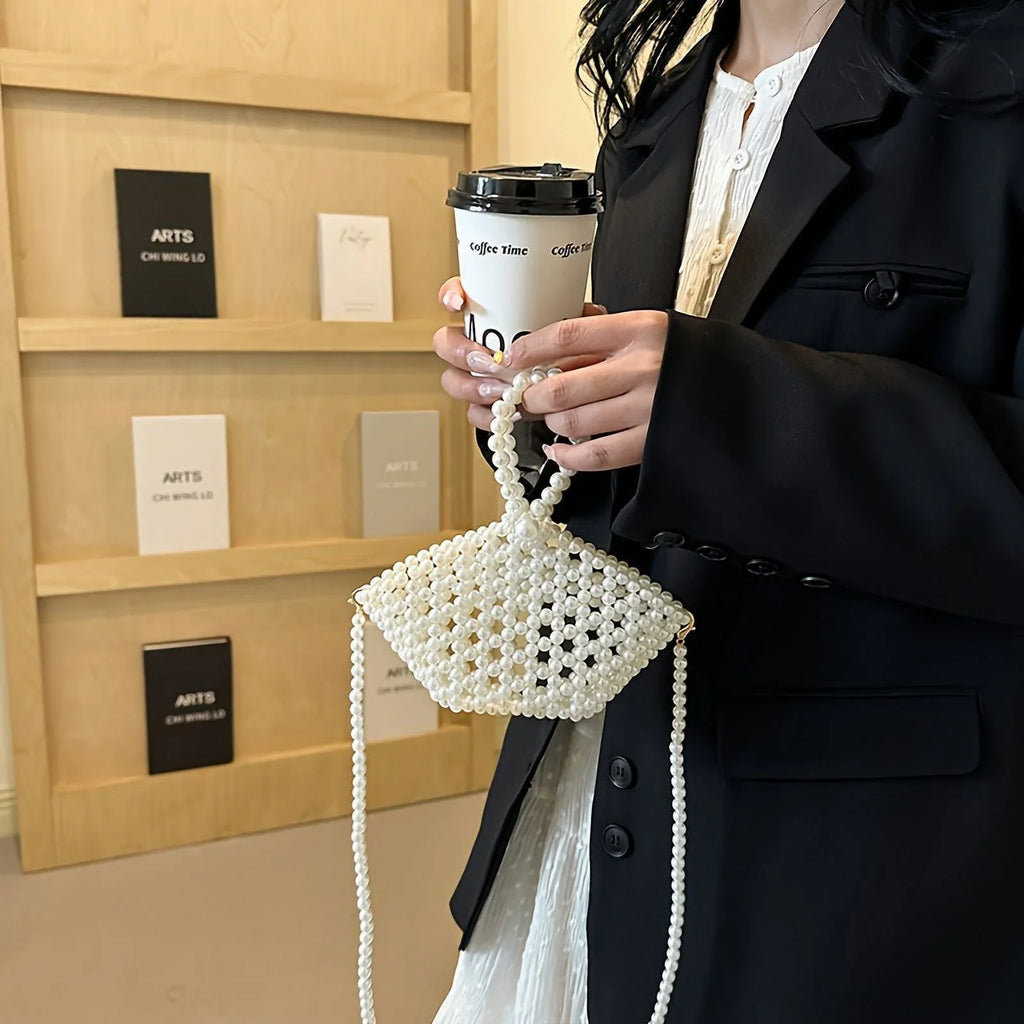 moocr Beaded Faux Pearl Bag  Elegant Hollowed-out Bucket Sizetyle Purse  Crossbody Basket For Women