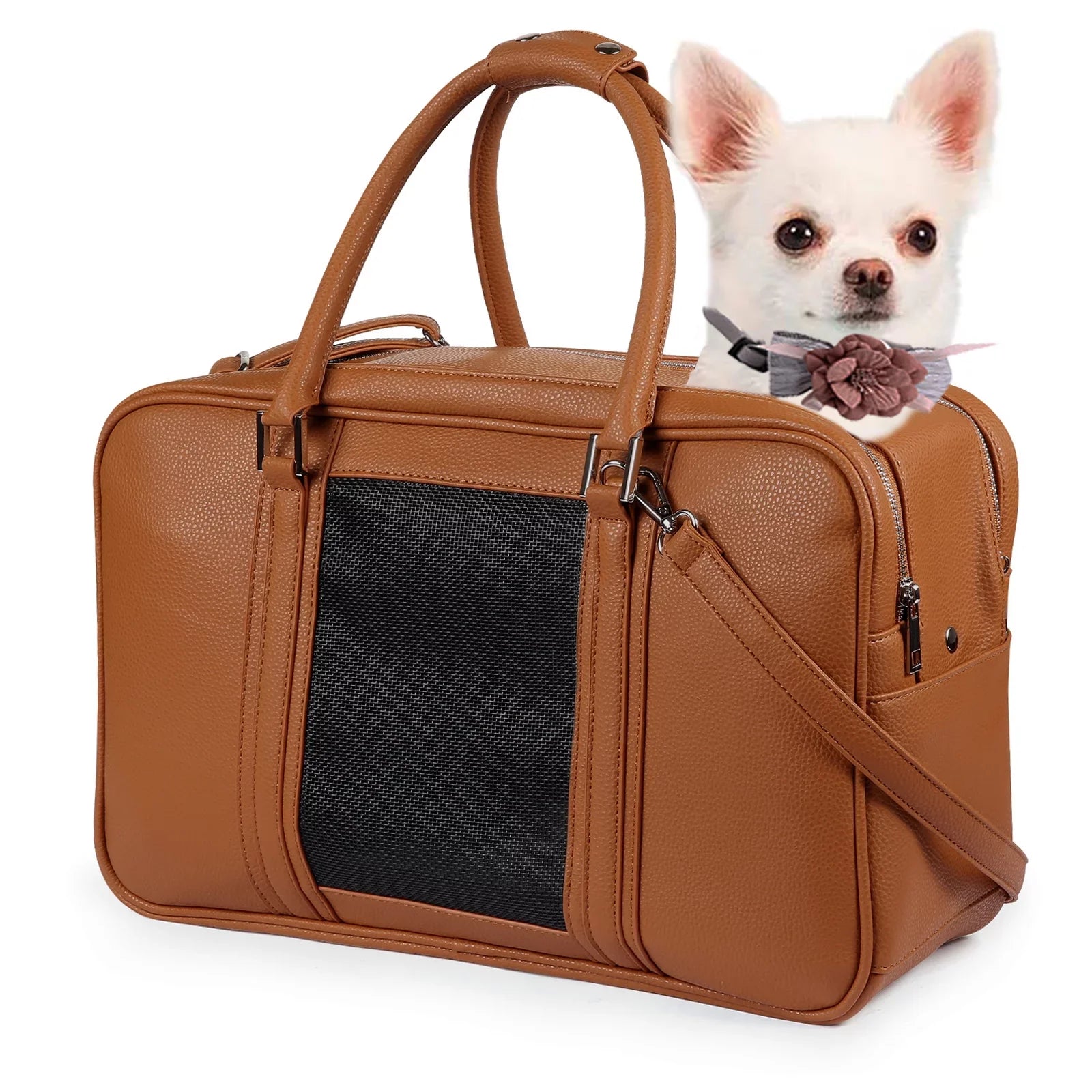 Fashion Dog Purse Carrier for Sizemall Dogs with 2 Extra Pockets, Holds Up to 10lbs Pu Leather Cloth Pet Carrier, Cat Carrier, Airline Approved Puppy Purse Carrier for Travel (Brown, Sizemall Sizeize)