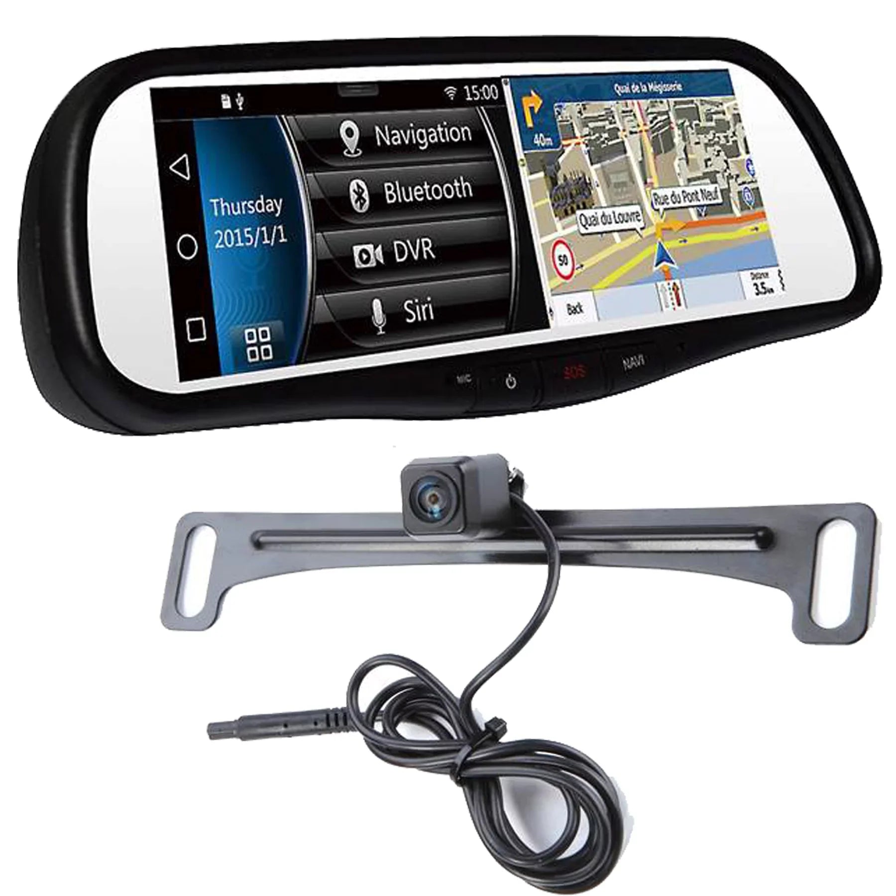 Voxx RVM740SizeM 7.8" Android Based Sizemart Touch-Fre Bluetooth Rearview Mirror DVR + Plate-mount backup camera with parking lines