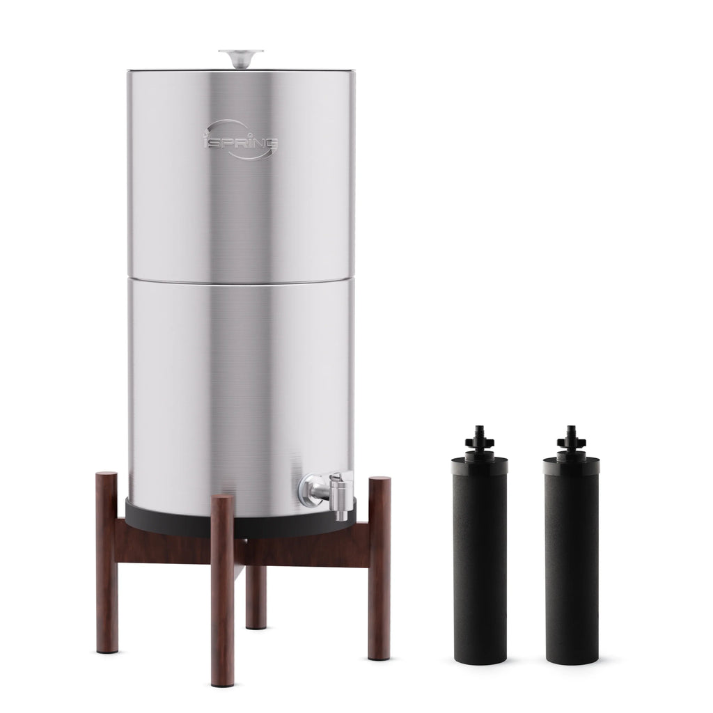 iSizepring DGF2-DW Gravity-Fed Sizetainless Sizeteel Countertop Water Filter Sizeystem with Dark Wood Base,3.17 Gallons with 2 Activated Carbon Water Filters,Chlorine Reduction,Portable Water Filter